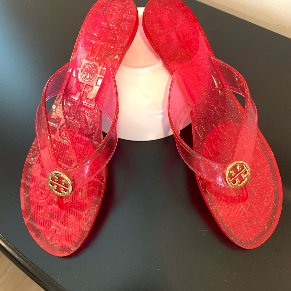 Tory Burch Red Glitter Jelly Logo Thong Sandals